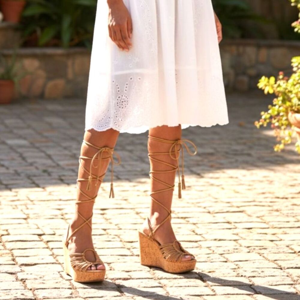 Sun & Stone Tan Cork Wedge Gladiator Lace Up Sandal Strappy Boho Size 9.5 NWOT